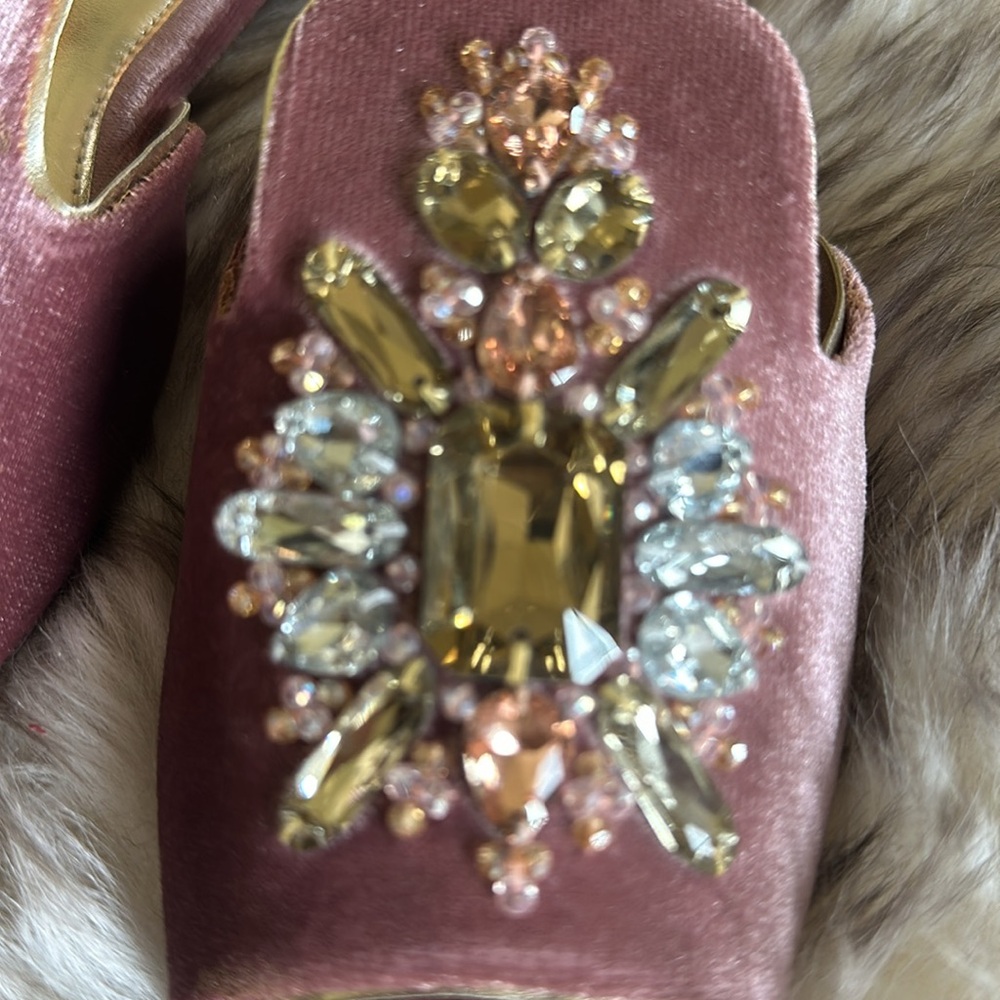 Pink velvet slides Rhinestones crystals New with dustbags & a box - Picture 4 of 10